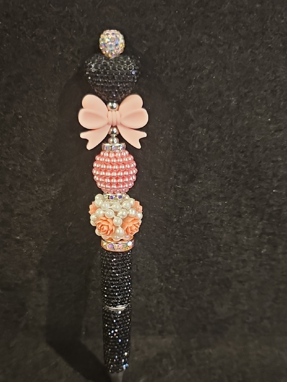 Sparkling Black Jeweled Pen with Pink Bow & Floral Accents